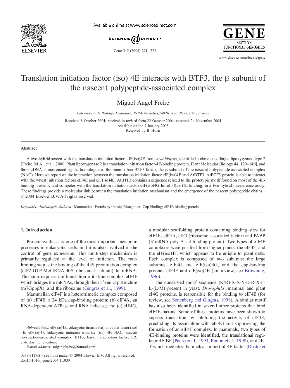 Translation initiation factor (iso) 4E interacts with BTF3, the Î² subunit of the nascent polypeptide-associated complex