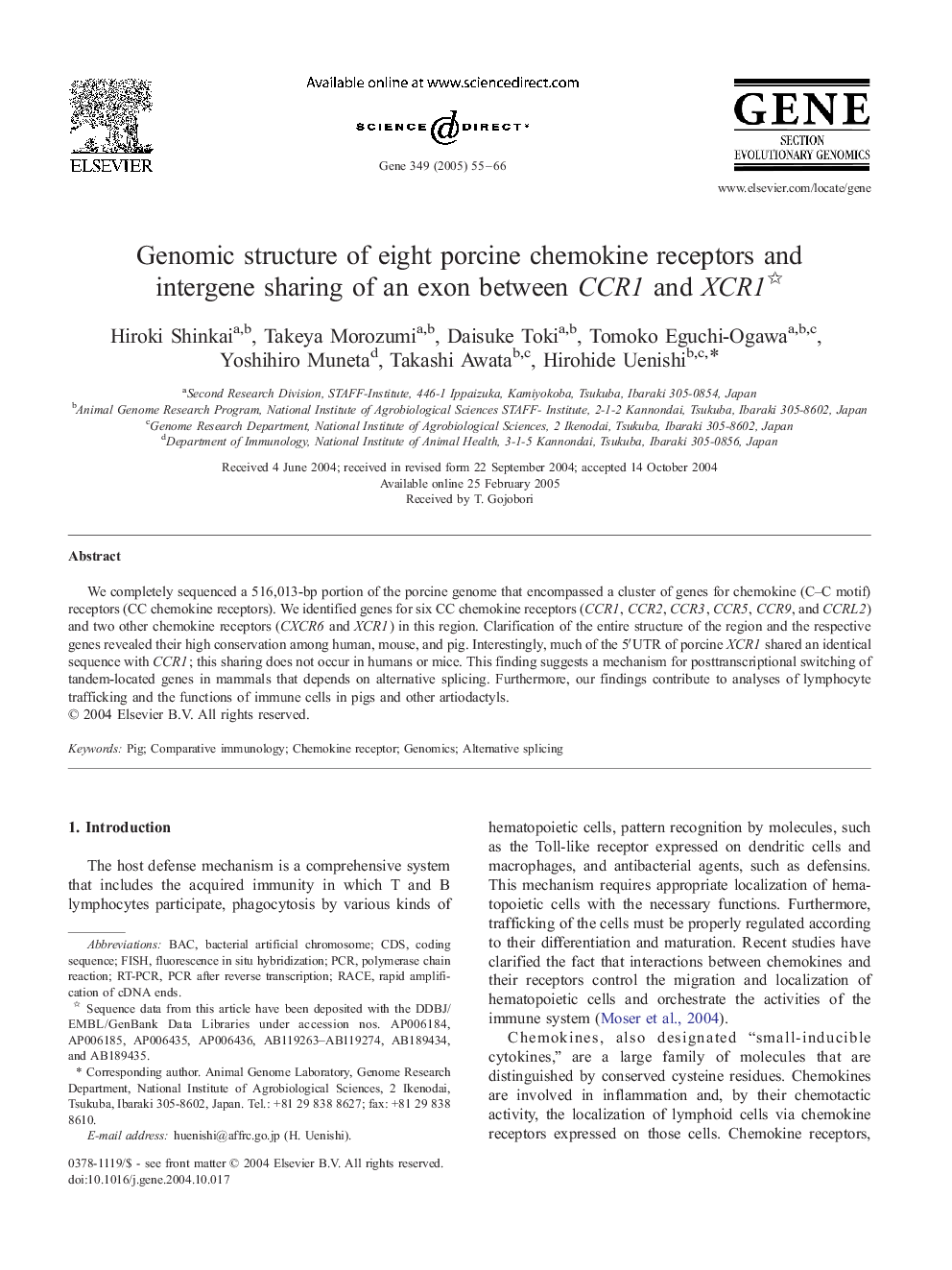 Genomic structure of eight porcine chemokine receptors and intergene sharing of an exon between CCR1 and XCR1