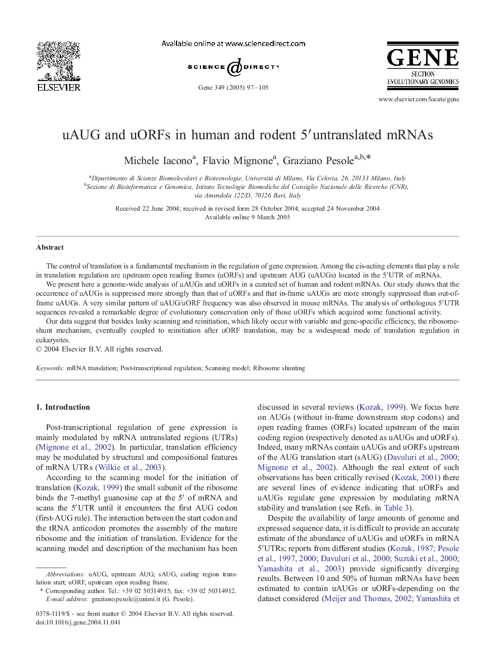 uAUG and uORFs in human and rodent 5â²untranslated mRNAs