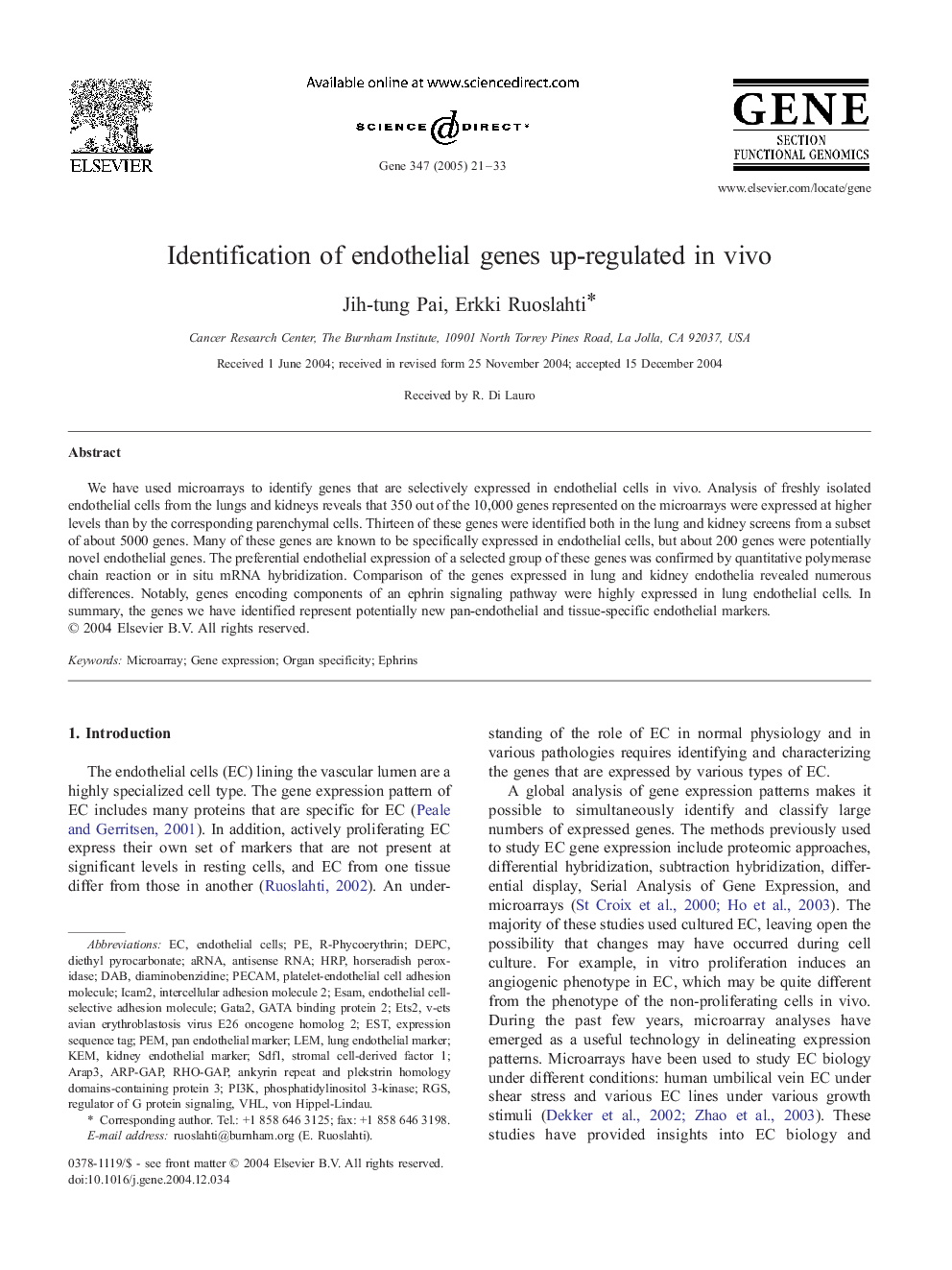 Identification of endothelial genes up-regulated in vivo