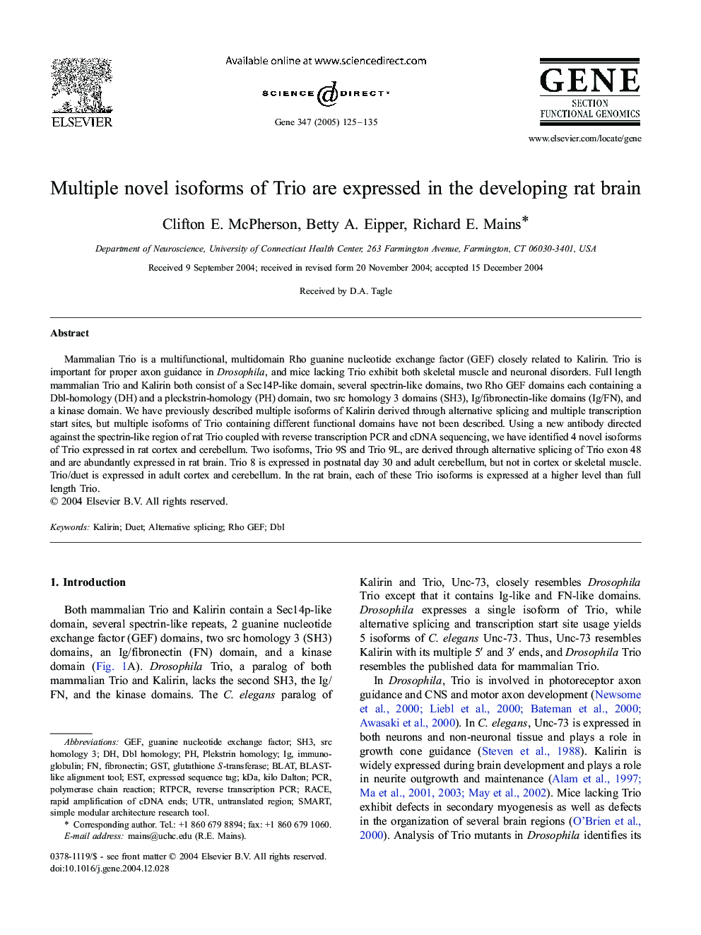 Multiple novel isoforms of Trio are expressed in the developing rat brain