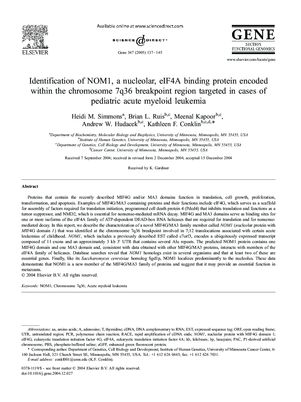 Identification of NOM1, a nucleolar, eIF4A binding protein encoded within the chromosome 7q36 breakpoint region targeted in cases of pediatric acute myeloid leukemia