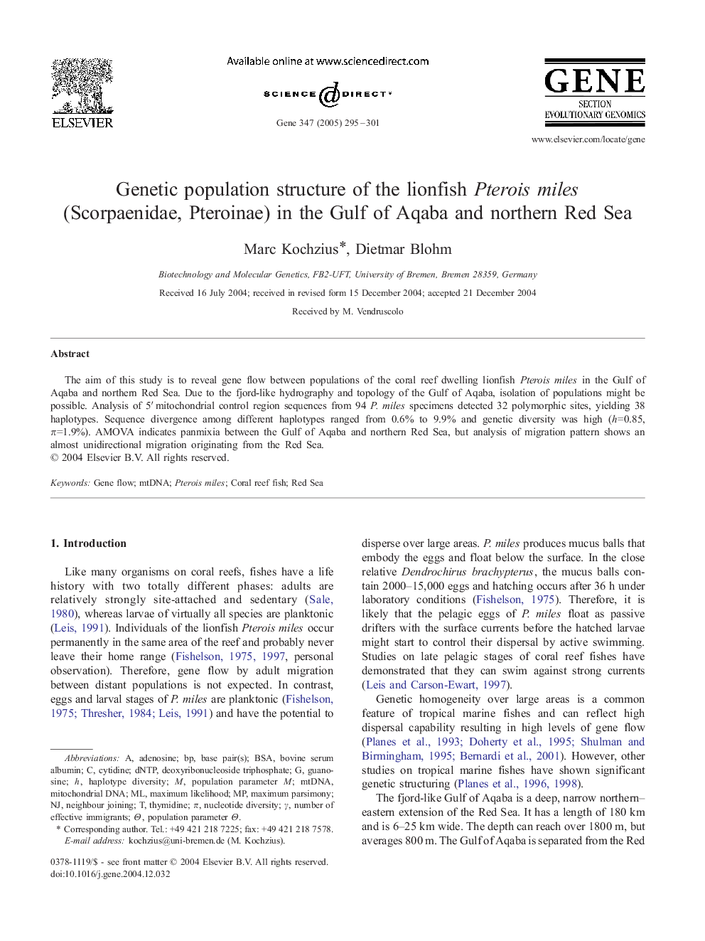 عکس صفحه اول مقاله: Genetic population structure of the lionfish Pterois miles (Scorpaenidae, Pteroinae) in the Gulf of Aqaba and northern Red Sea Genetic population structure of the lionfish Pterois miles (Scorpaenidae, Pteroinae) in the Gulf of Aqaba and northern Red Sea