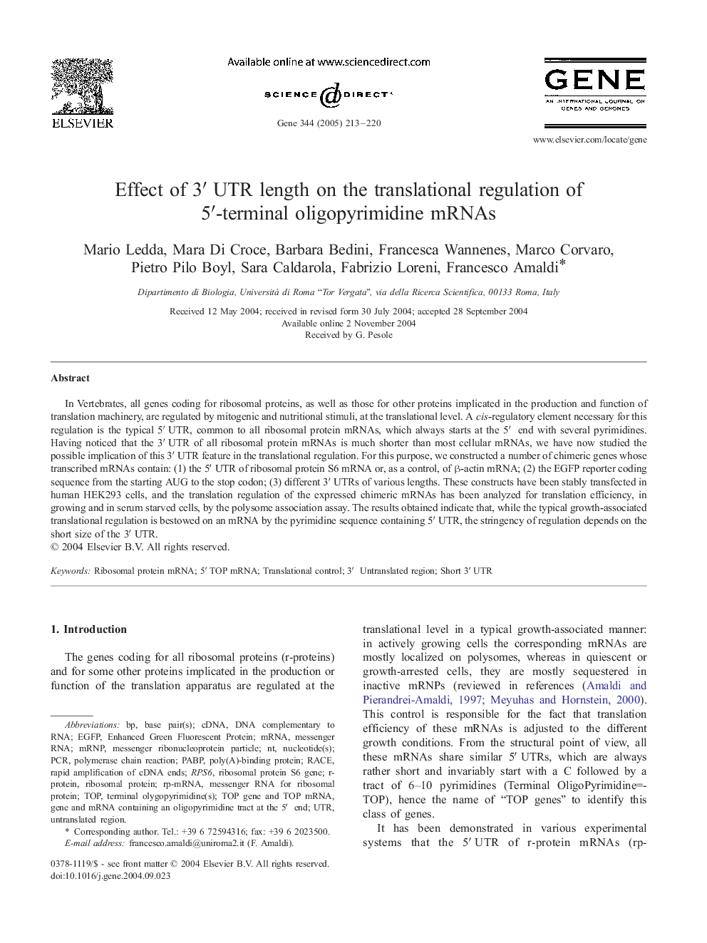 Effect of 3â²UTR length on the translational regulation of 5â²-terminal oligopyrimidine mRNAs