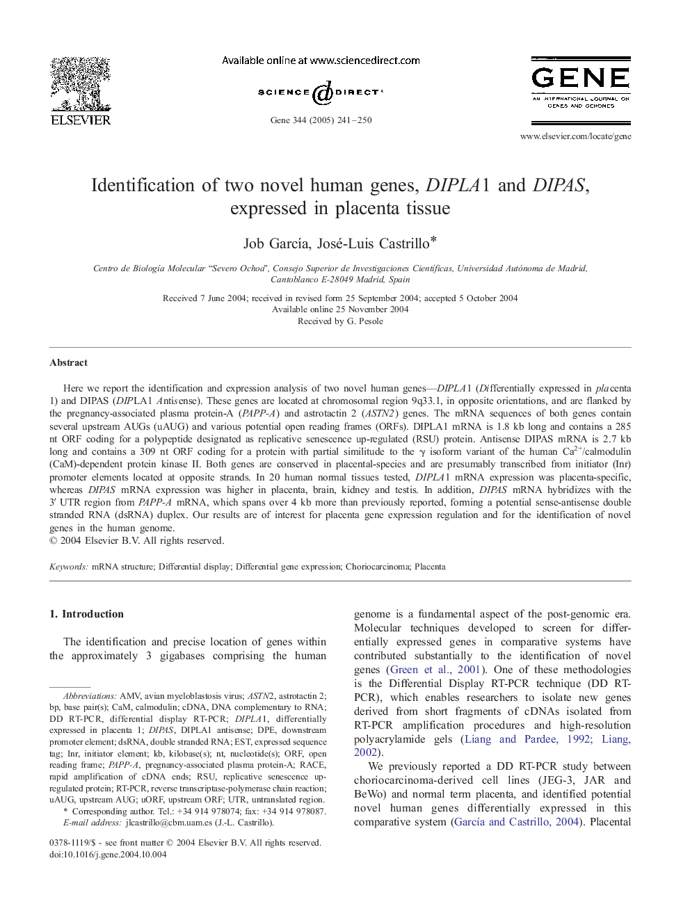 Identification of two novel human genes, DIPLA1 and DIPAS, expressed in placenta tissue