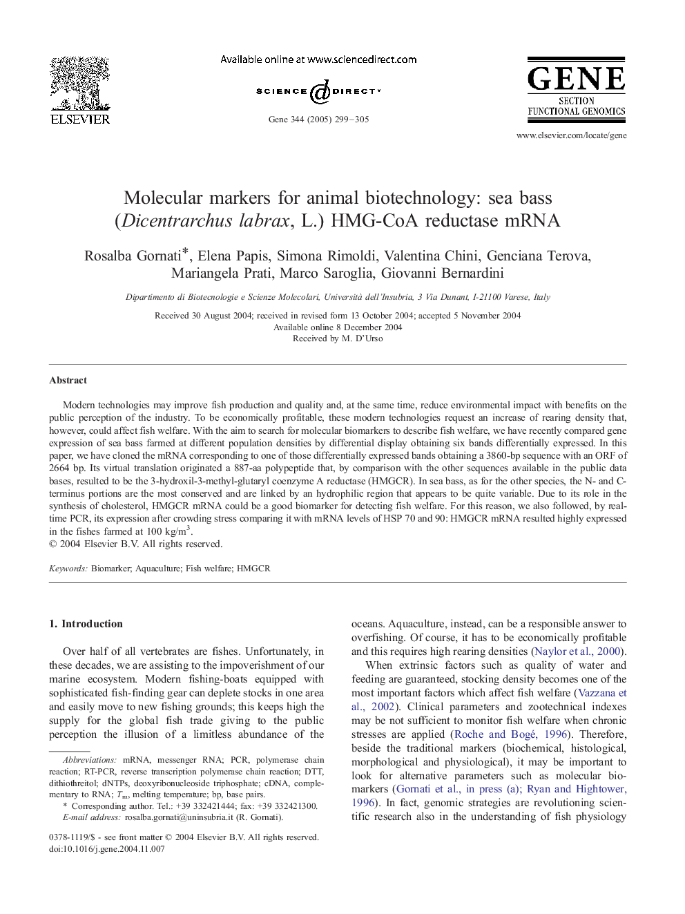 Molecular markers for animal biotechnology: sea bass (Dicentrarchus labrax, L.) HMG-CoA reductase mRNA