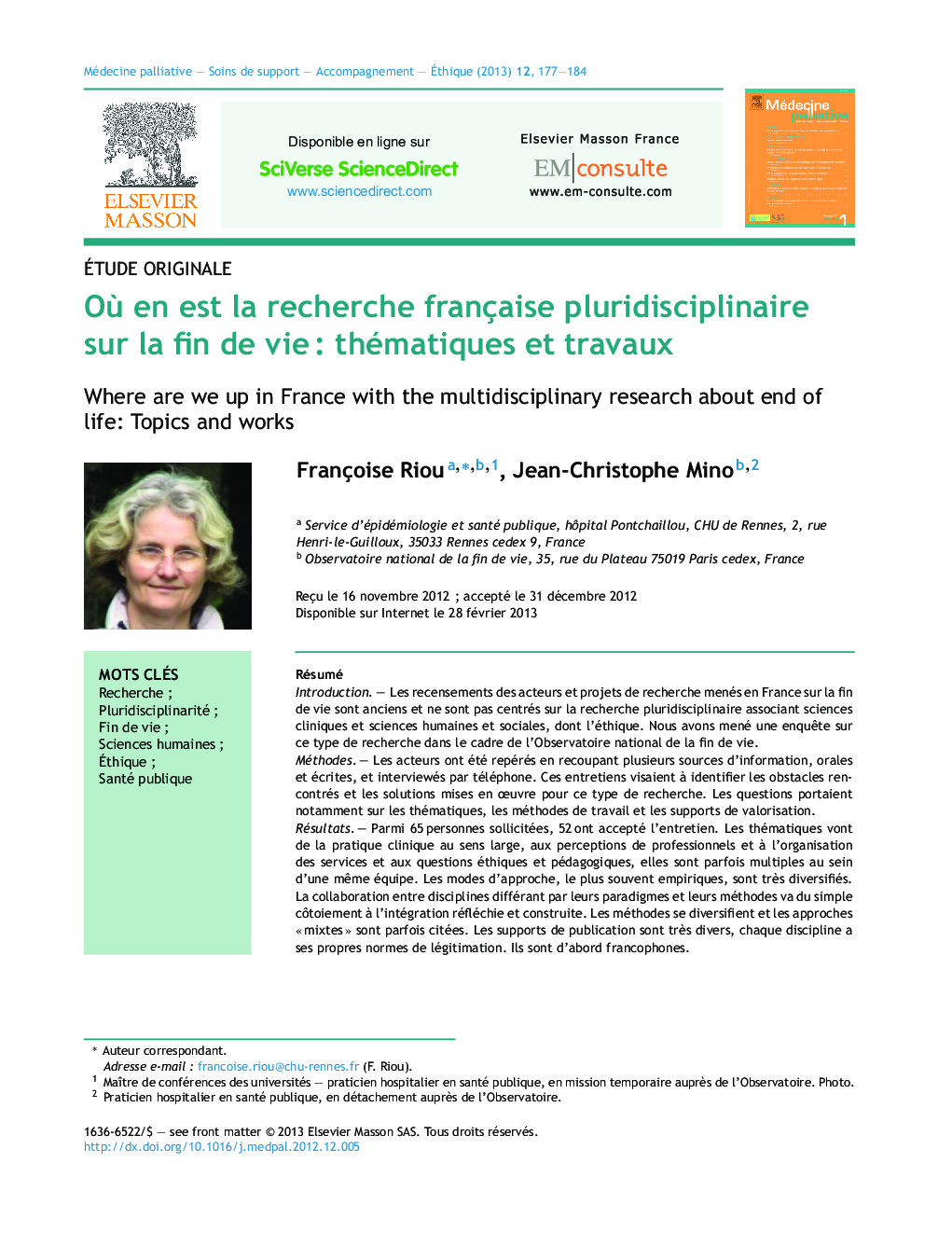 OÃ¹ en est la recherche française pluridisciplinaire sur la fin de vieÂ : thématiques et travaux