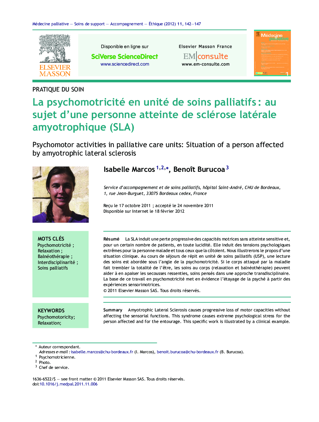 La psychomotricité en unité de soins palliatifsÂ : au sujet d'une personne atteinte de sclérose latérale amyotrophique (SLA)