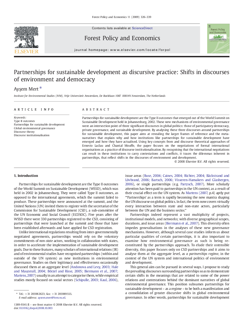 Partnerships for sustainable development as discursive practice: Shifts in discourses of environment and democracy