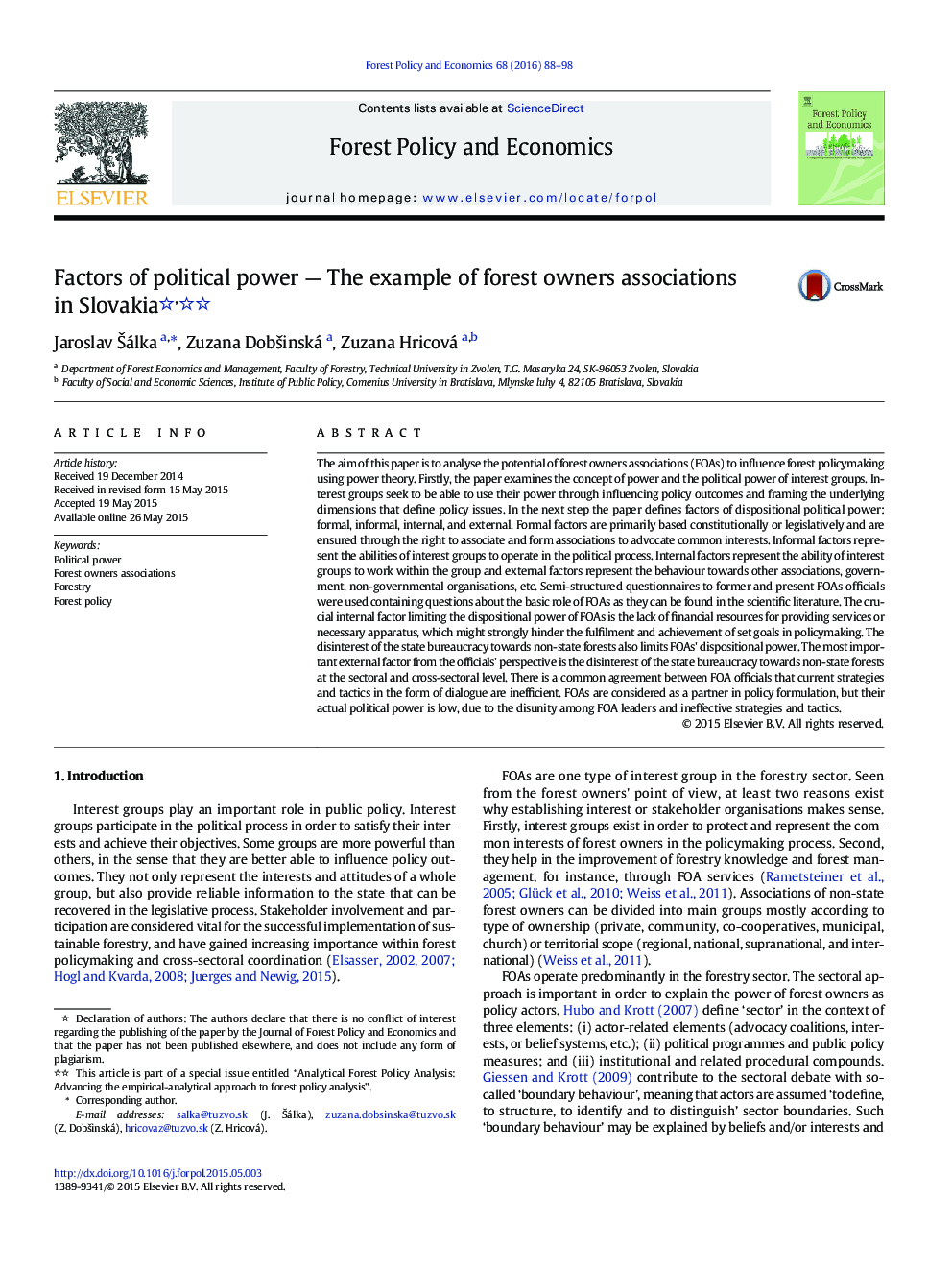 Factors of political power — The example of forest owners associations in Slovakia 