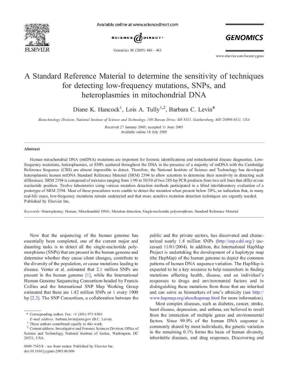 A Standard Reference Material to determine the sensitivity of techniques for detecting low-frequency mutations, SNPs, and heteroplasmies in mitochondrial DNA