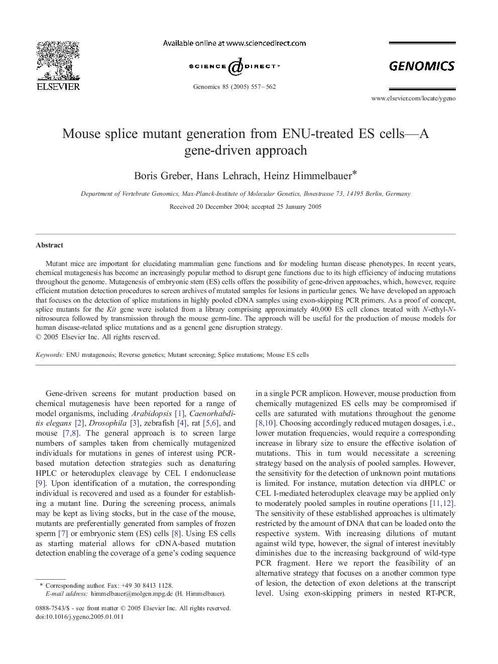 Mouse splice mutant generation from ENU-treated ES cells-A gene-driven approach