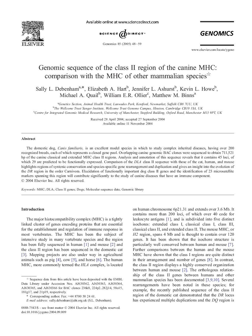 Genomic sequence of the class II region of the canine MHC: comparison with the MHC of other mammalian species