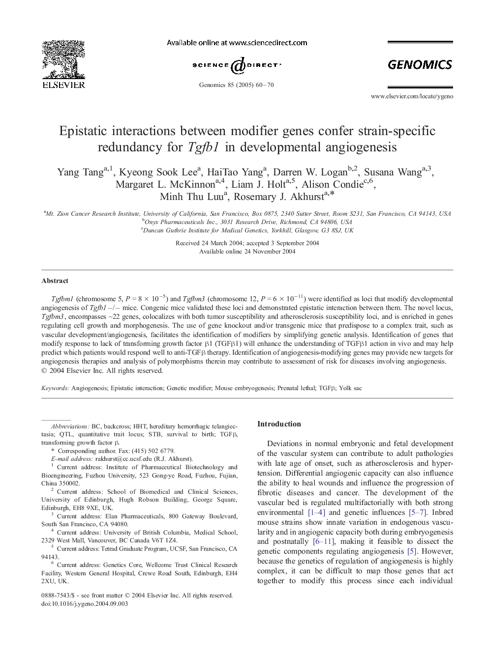 Epistatic interactions between modifier genes confer strain-specific redundancy for Tgfb1 in developmental angiogenesis