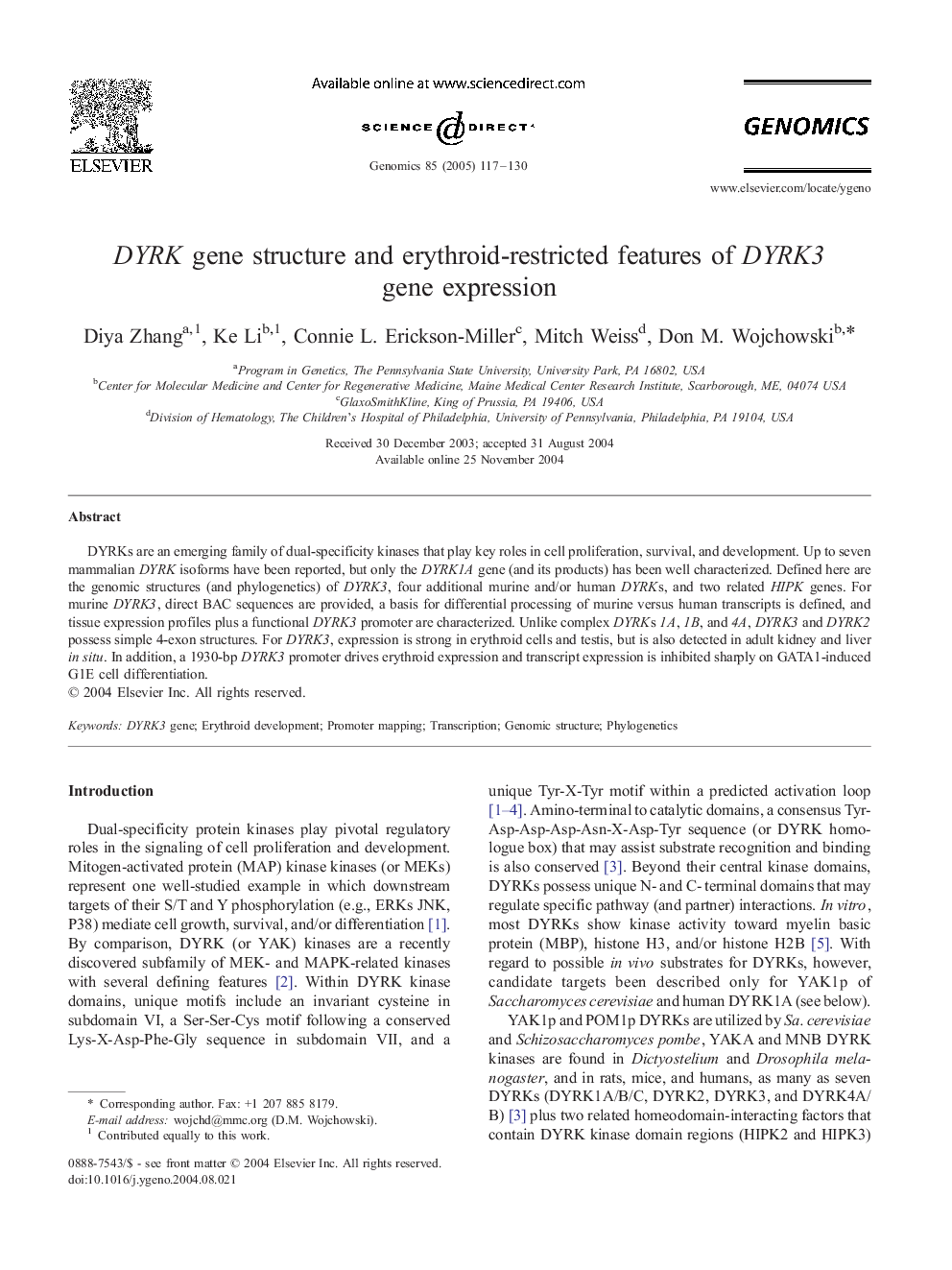 DYRK gene structure and erythroid-restricted features of DYRK3 gene expression