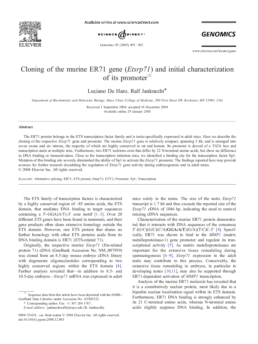 Cloning of the murine ER71 gene (Etsrp71) and initial characterization of its promoter