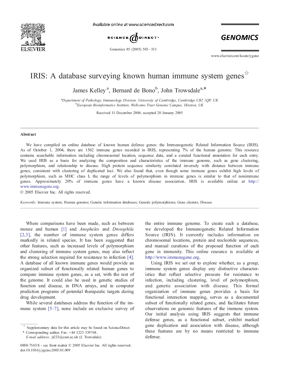 IRIS: A database surveying known human immune system genes