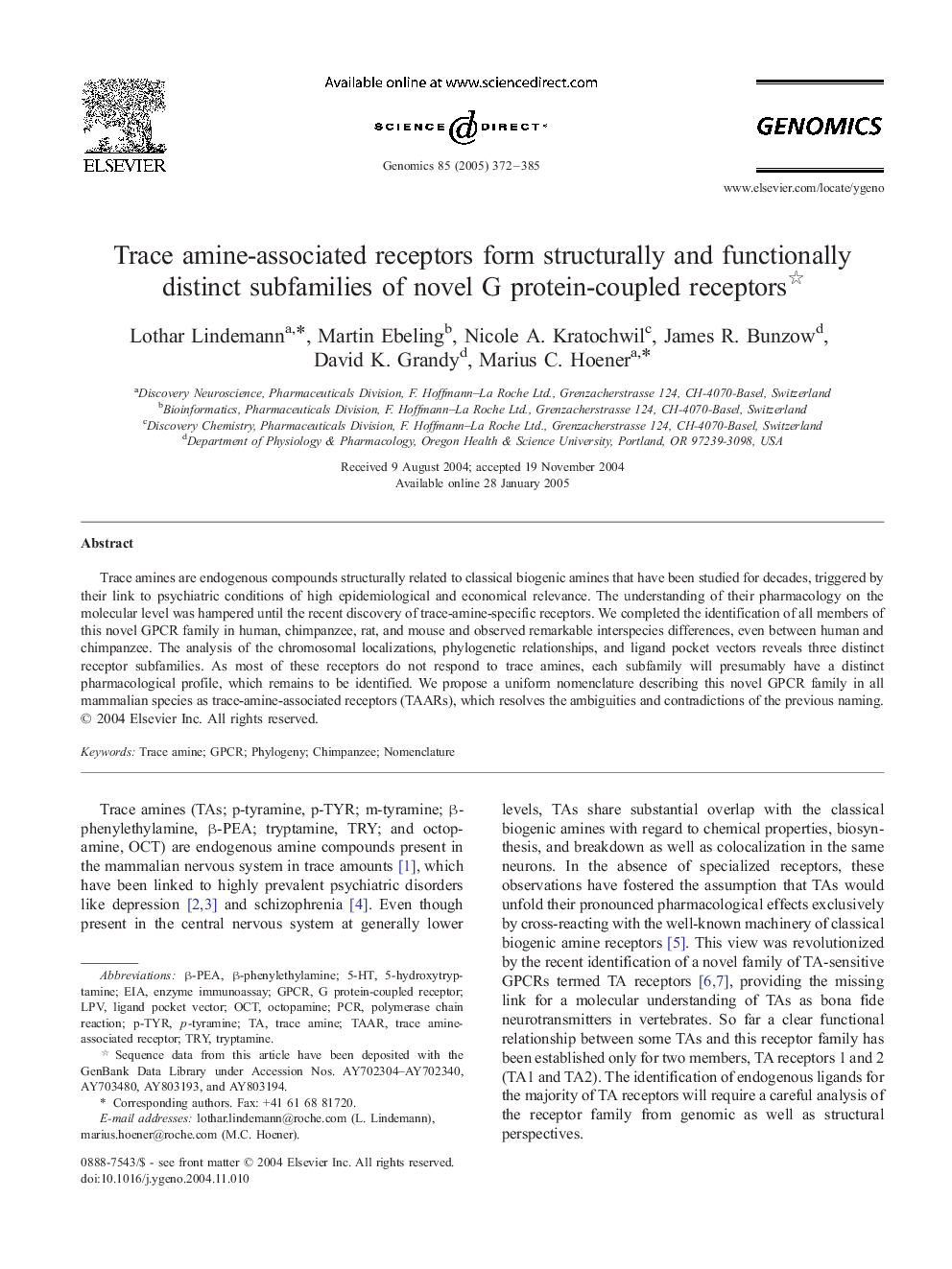 Trace amine-associated receptors form structurally and functionally distinct subfamilies of novel G protein-coupled receptors