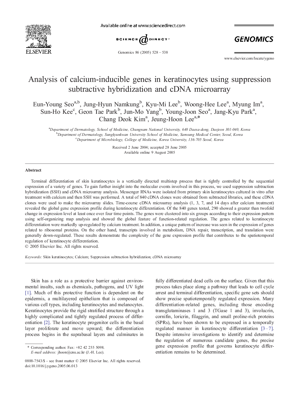 Analysis of calcium-inducible genes in keratinocytes using suppression subtractive hybridization and cDNA microarray