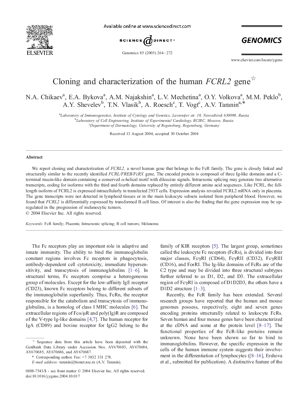 Cloning and characterization of the human FCRL2 gene