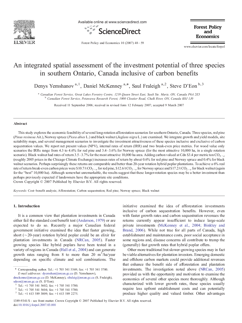 An integrated spatial assessment of the investment potential of three species in southern Ontario, Canada inclusive of carbon benefits