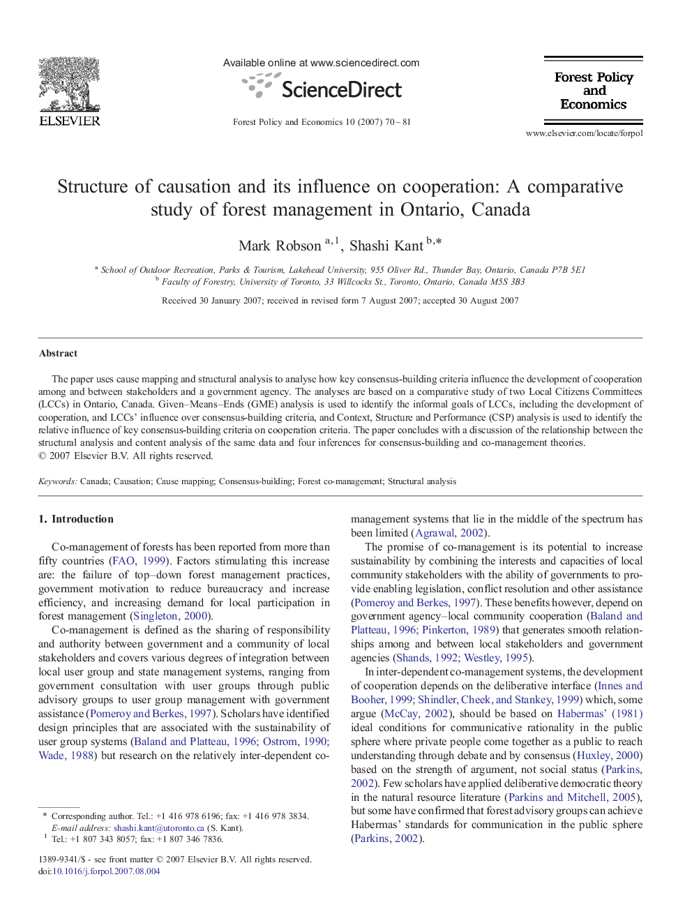 Structure of causation and its influence on cooperation: A comparative study of forest management in Ontario, Canada