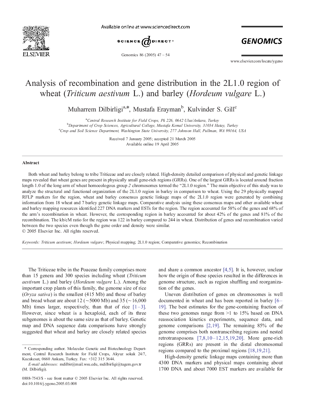 Analysis of recombination and gene distribution in the 2L1.0 region of wheat (Triticum aestivum L.) and barley (Hordeum vulgare L.)