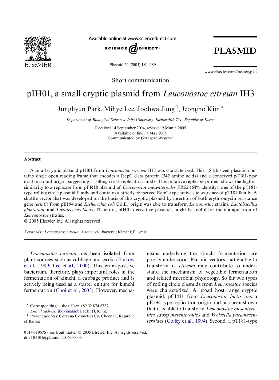 pIH01, a small cryptic plasmid from Leuconostoc citreum IH3