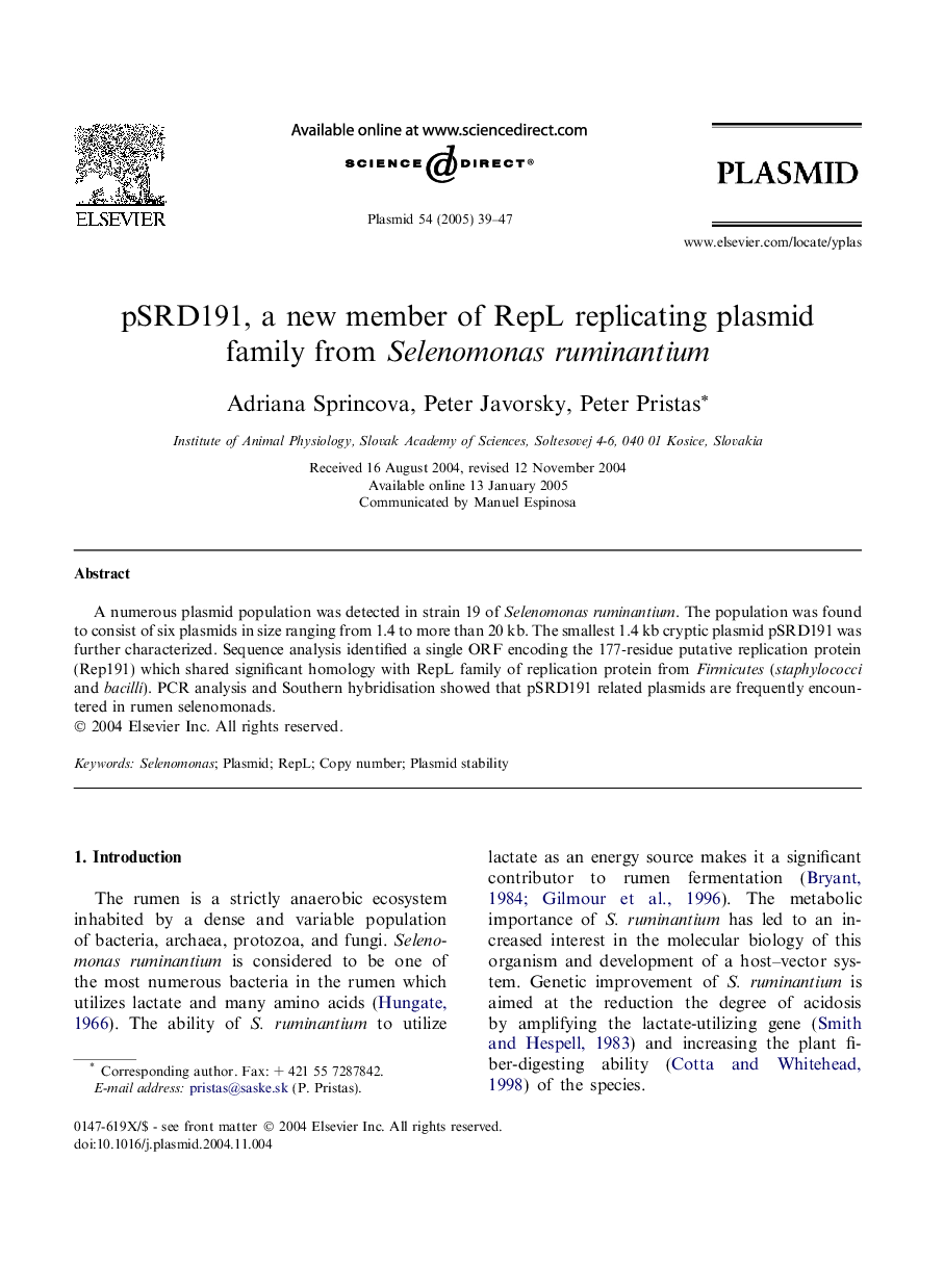 pSRD191, a new member of RepL replicating plasmid family from Selenomonas ruminantium