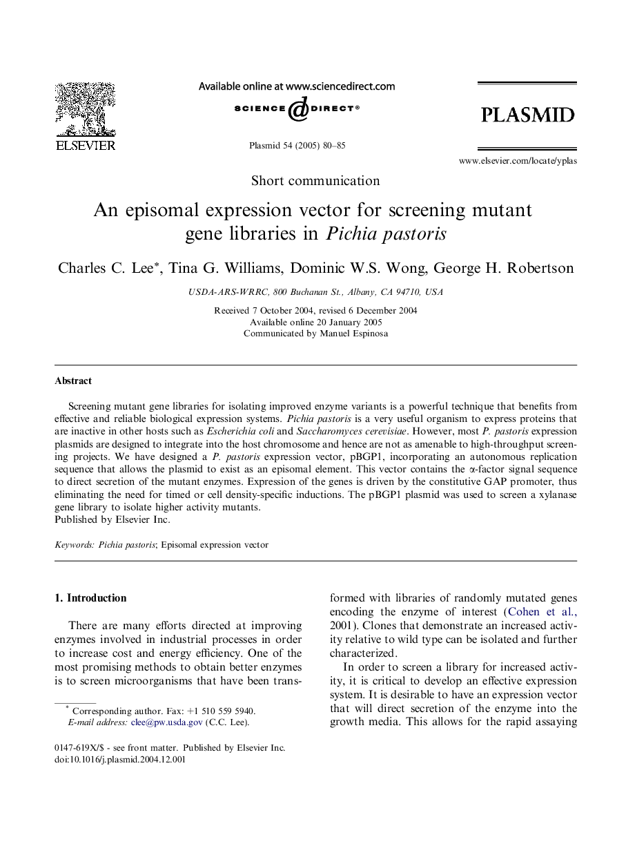 An episomal expression vector for screening mutant gene libraries in Pichia pastoris