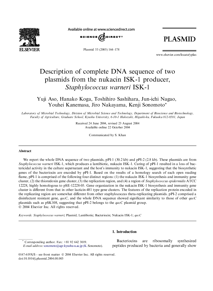 Description of complete DNA sequence of two plasmids from the nukacin ISK-1 producer, Staphylococcus warneri ISK-1