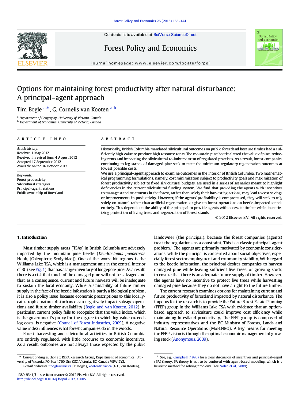 Options for maintaining forest productivity after natural disturbance: A principal–agent approach