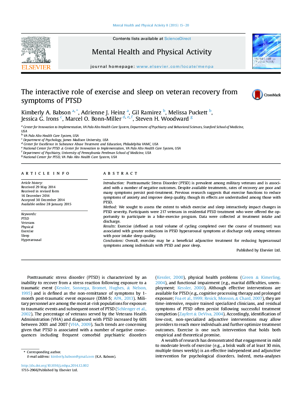 The interactive role of exercise and sleep on veteran recovery from symptoms of PTSD