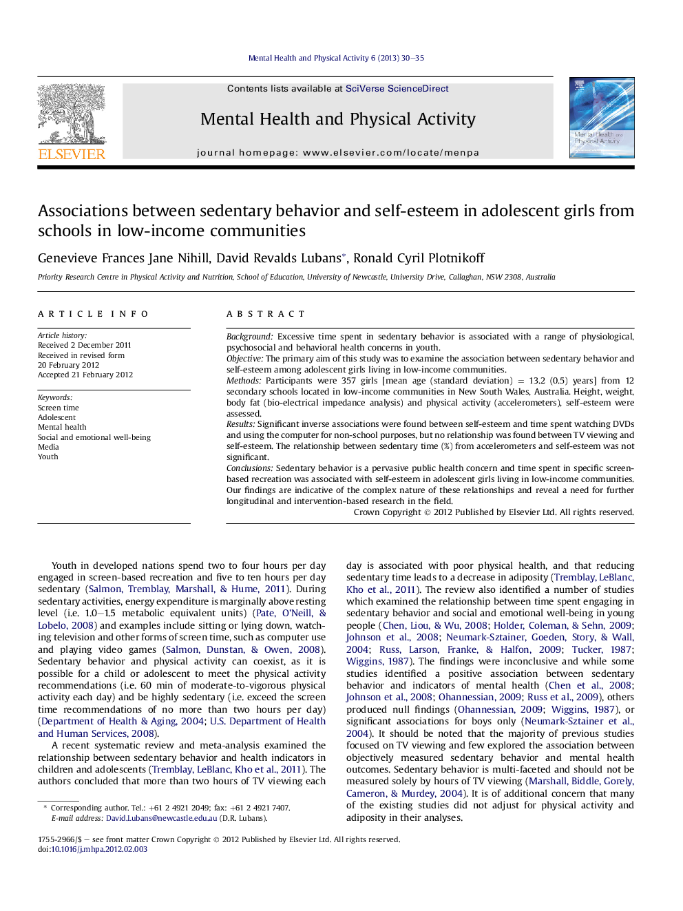 Associations between sedentary behavior and self-esteem in adolescent girls from schools in low-income communities