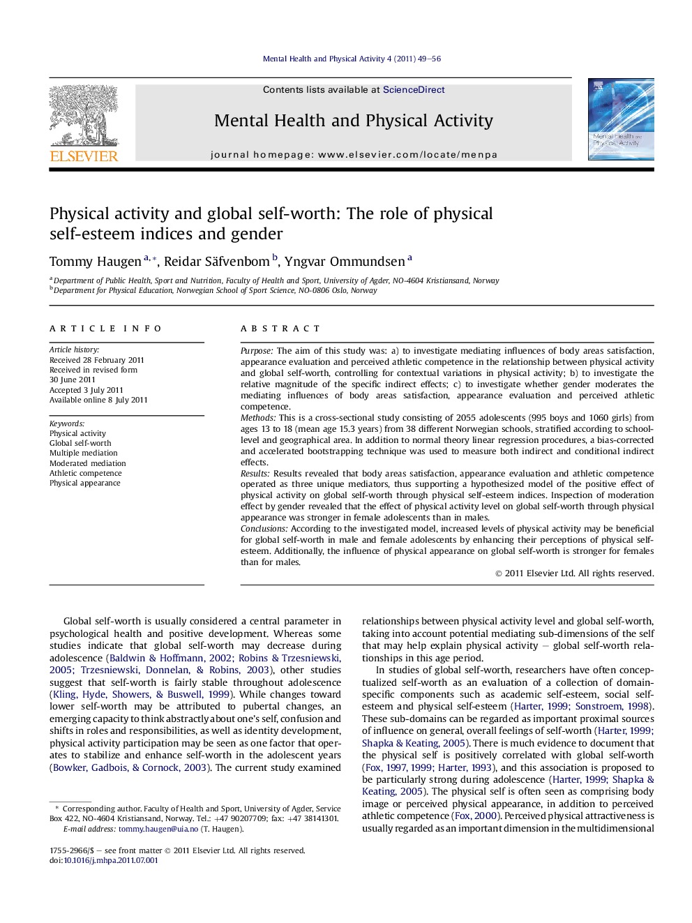 عکس صفحه اول مقاله: Physical activity and global self-worth: The role of physical self-esteem indices and gender Physical activity and global self-worth: The role of physical self-esteem indices and gender
