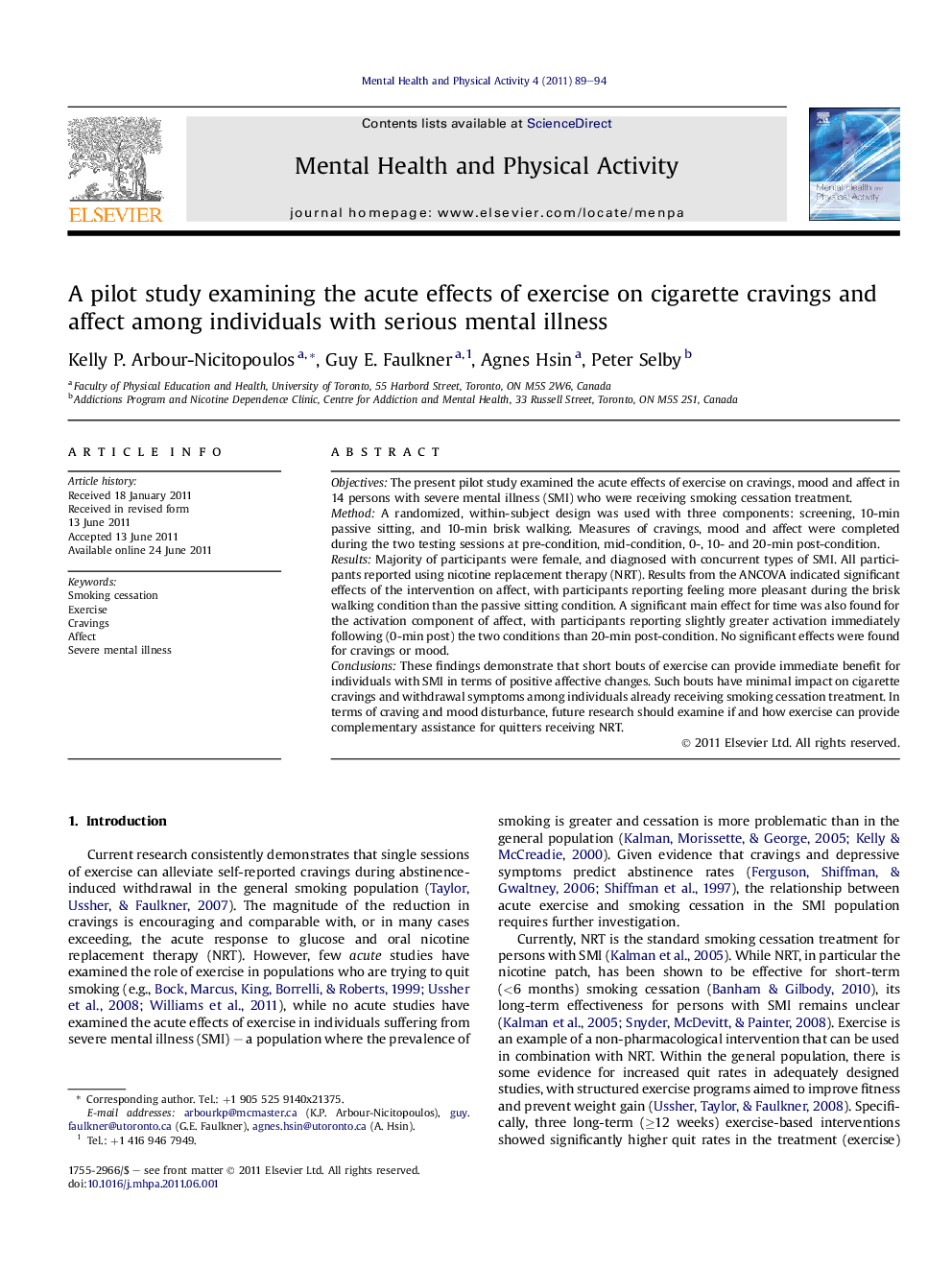 A pilot study examining the acute effects of exercise on cigarette cravings and affect among individuals with serious mental illness