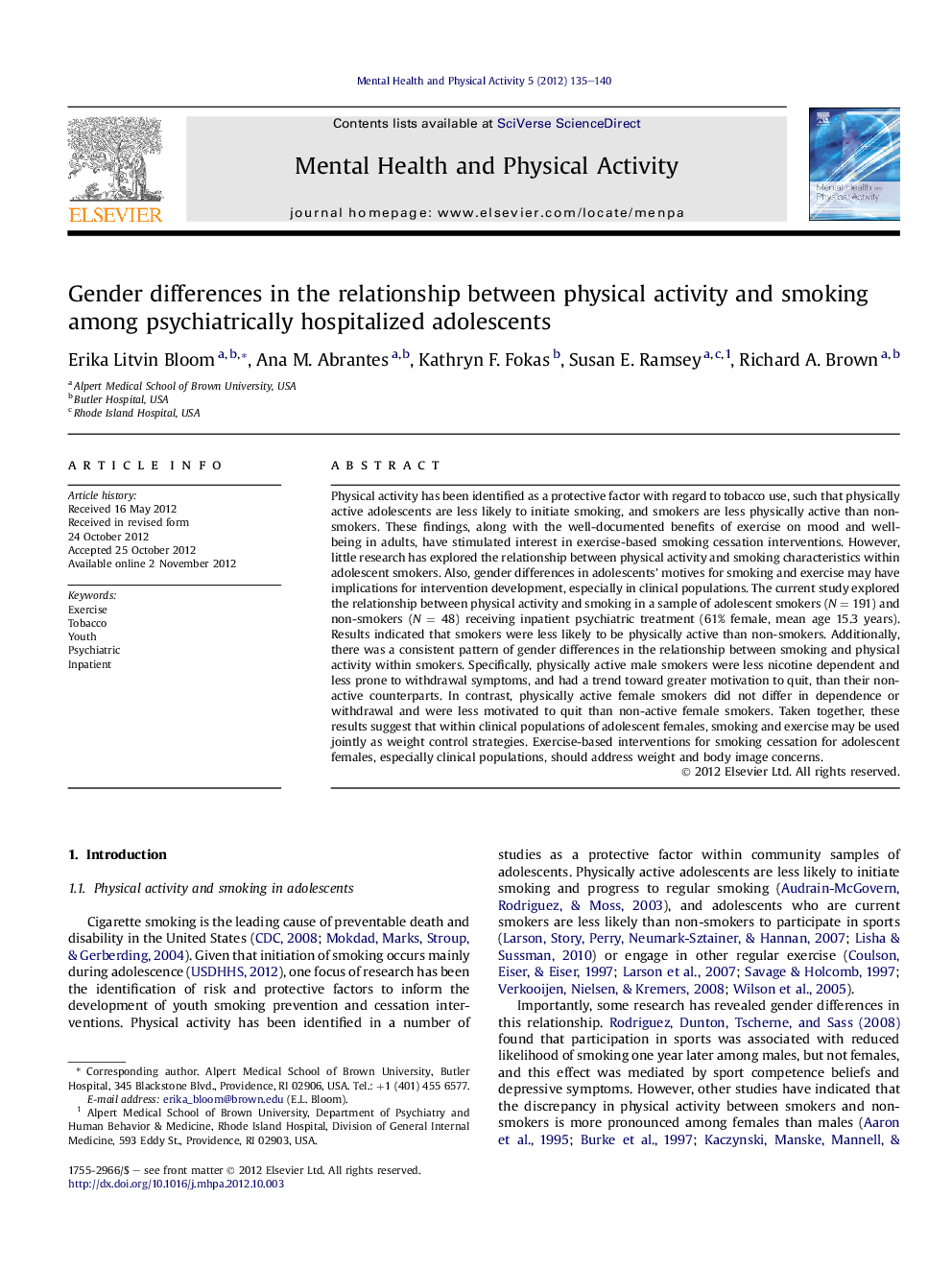 Gender differences in the relationship between physical activity and smoking among psychiatrically hospitalized adolescents