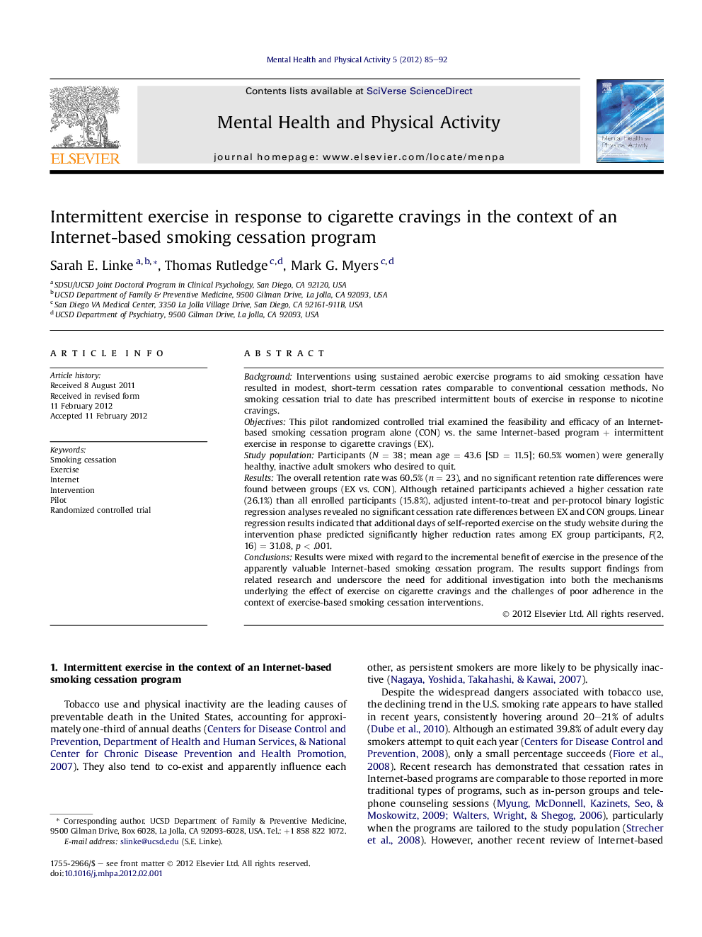 Intermittent exercise in response to cigarette cravings in the context of an Internet-based smoking cessation program