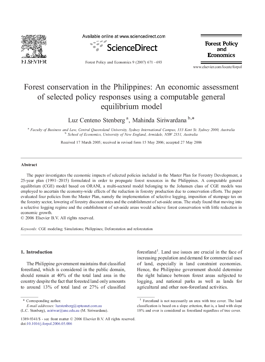 Forest conservation in the Philippines: An economic assessment of selected policy responses using a computable general equilibrium model