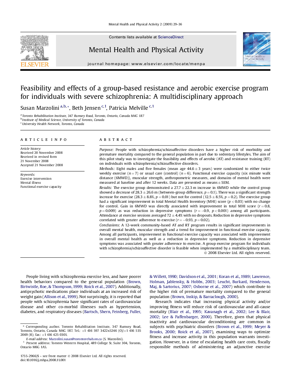 Feasibility and effects of a group-based resistance and aerobic exercise program for individuals with severe schizophrenia: A multidisciplinary approach