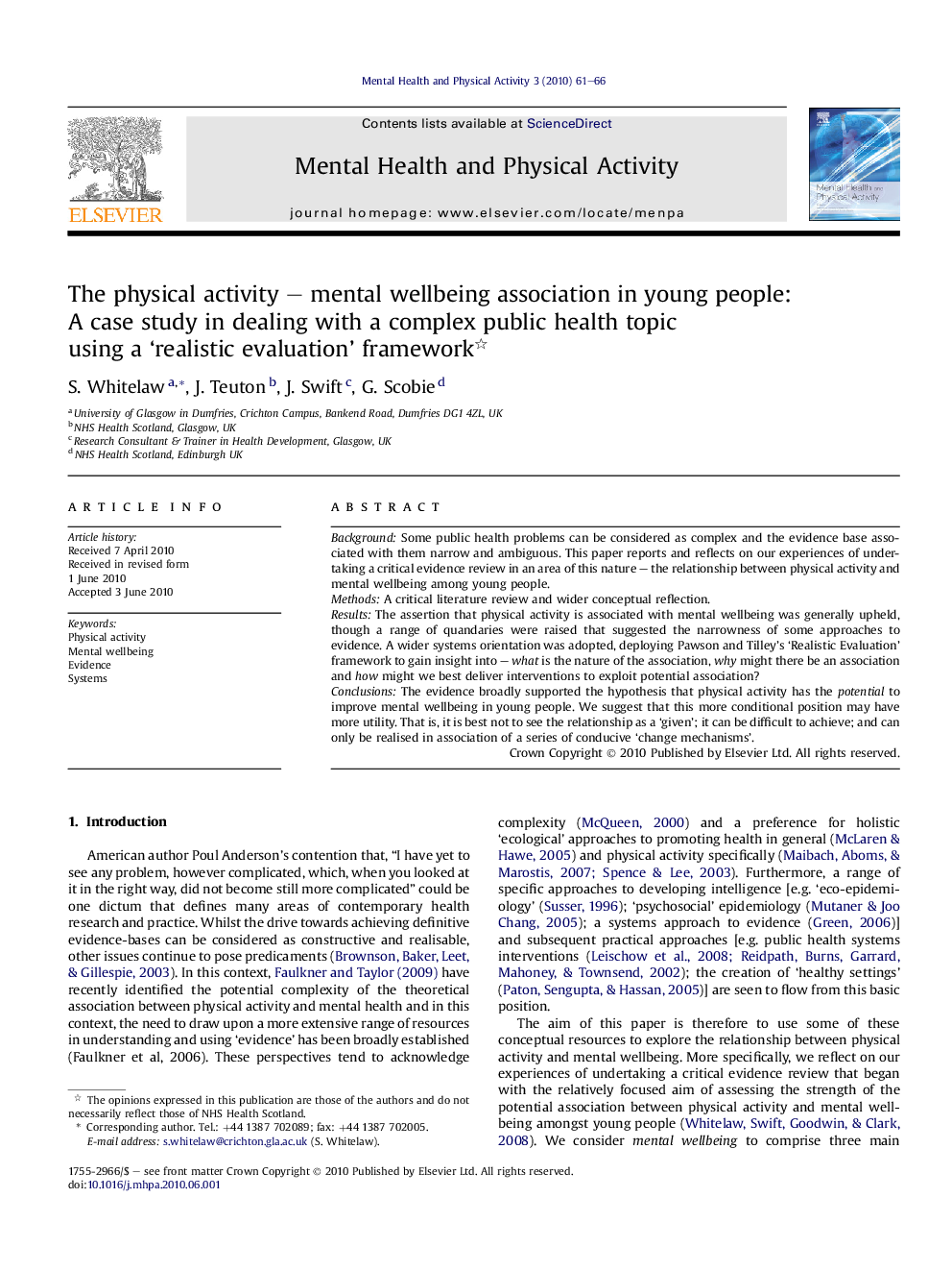 The physical activity – mental wellbeing association in young people: A case study in dealing with a complex public health topic using a ‘realistic evaluation’ framework 