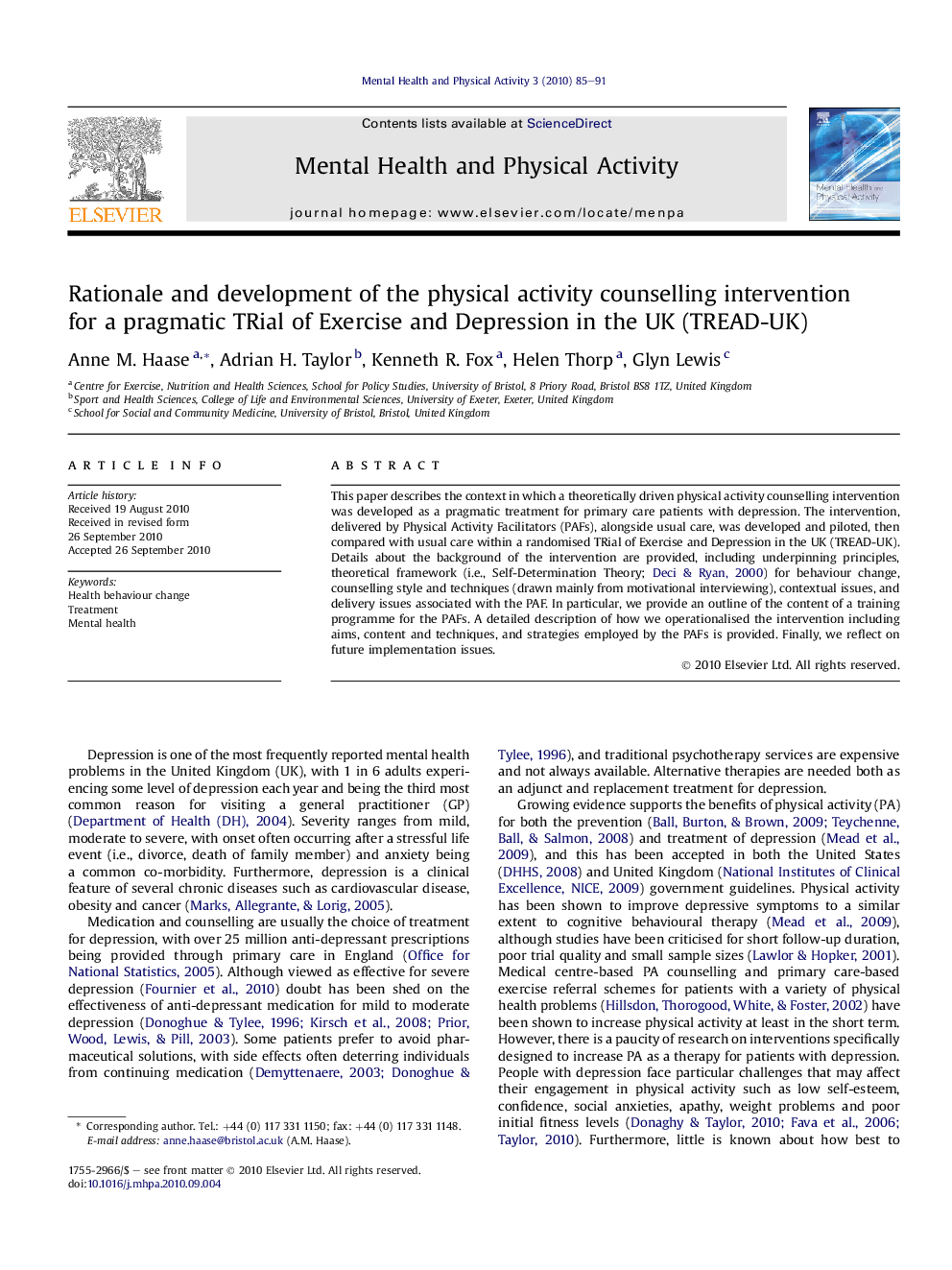 Rationale and development of the physical activity counselling intervention for a pragmatic TRial of Exercise and Depression in the UK (TREAD-UK)