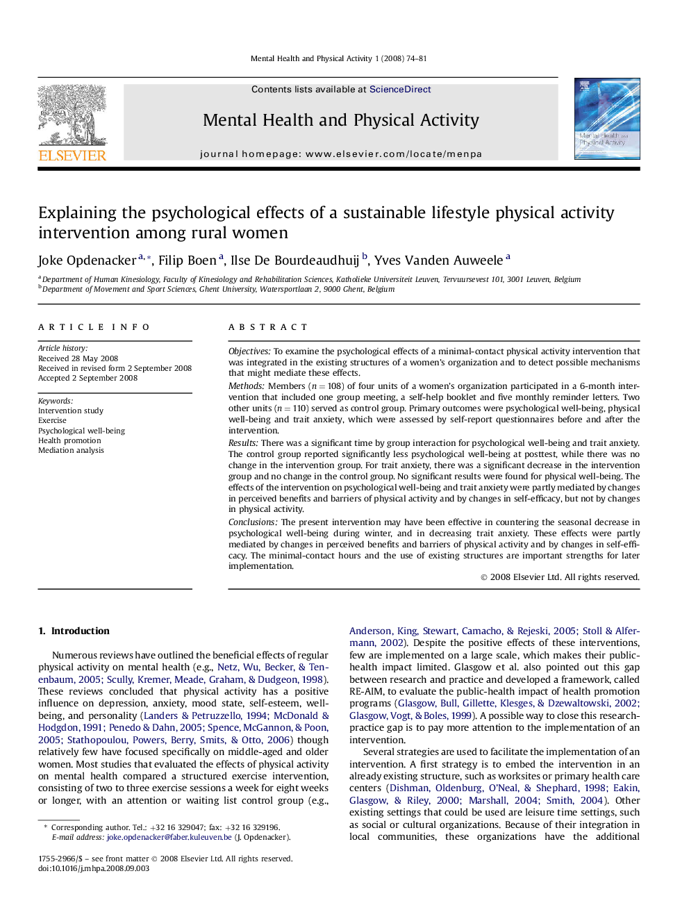 Explaining the psychological effects of a sustainable lifestyle physical activity intervention among rural women