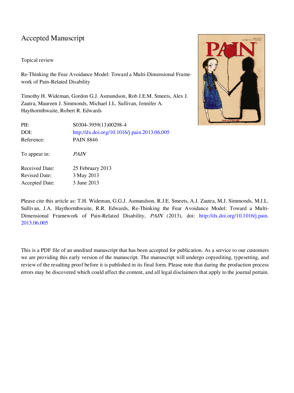 عکس صفحه اول مقاله: Rethinking the fear avoidance model: Toward a multidimensional framework of pain-related disability Rethinking the fear avoidance model: Toward a multidimensional framework of pain-related disability