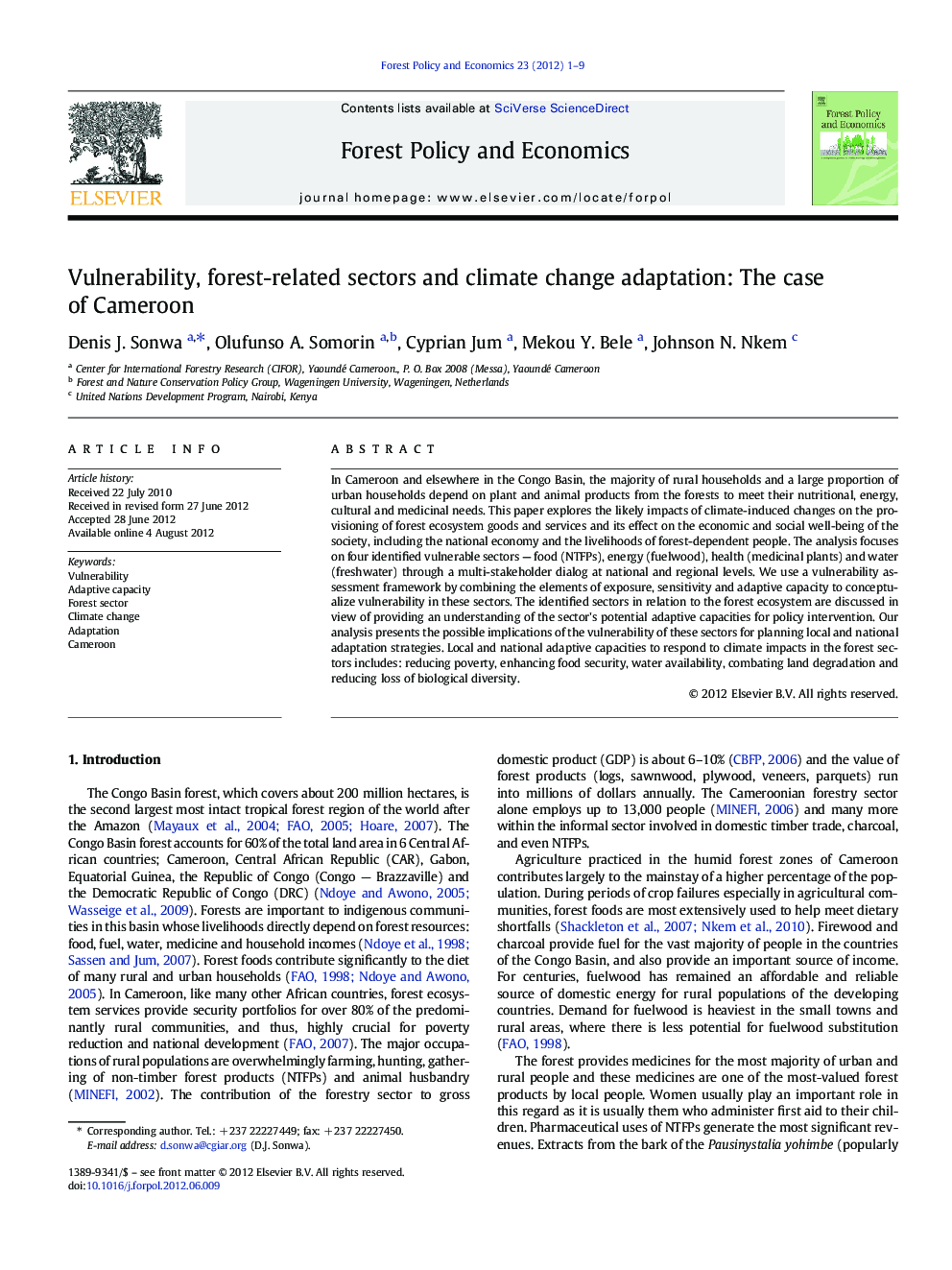 Vulnerability, forest-related sectors and climate change adaptation: The case of Cameroon