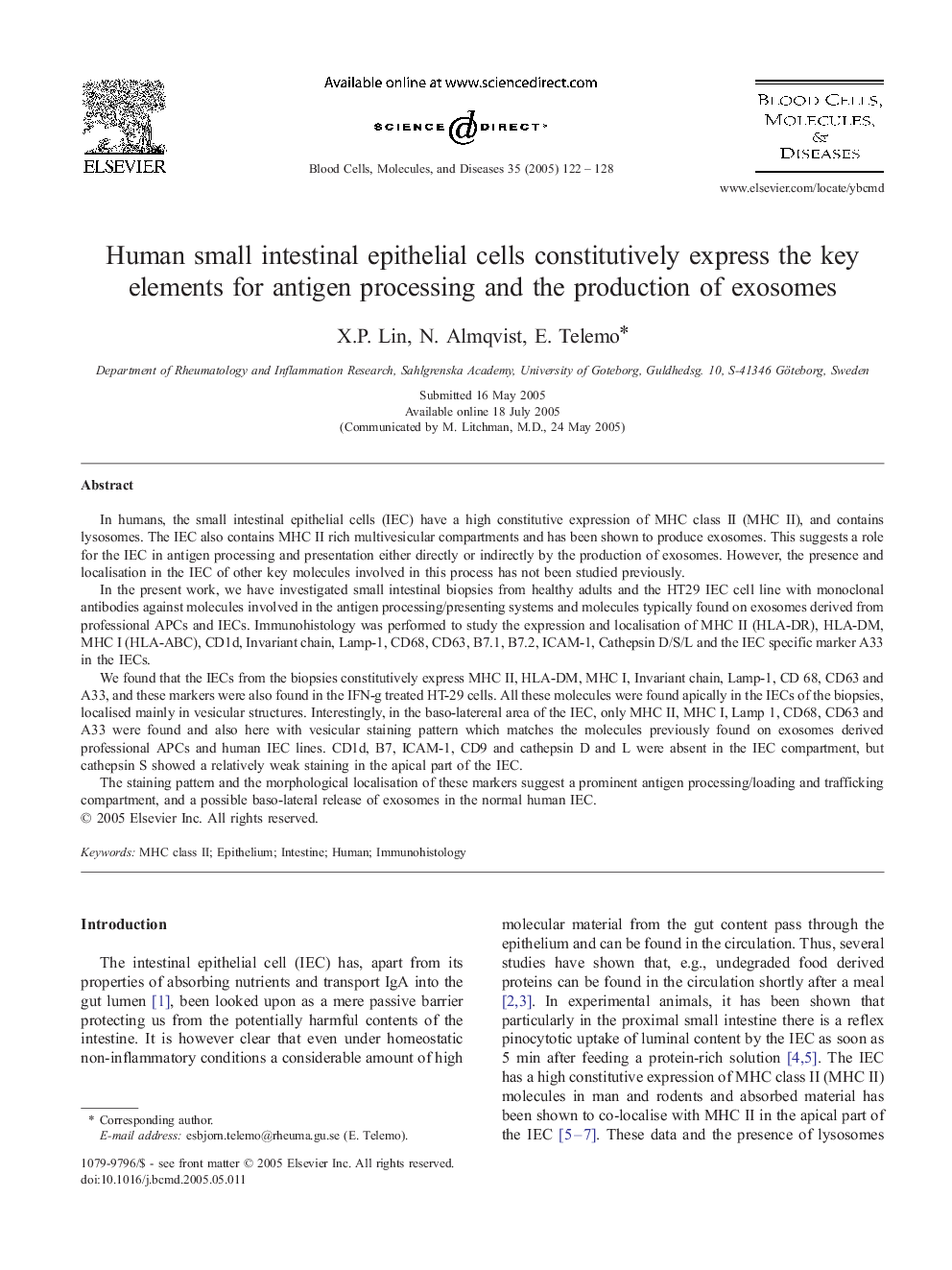 Human small intestinal epithelial cells constitutively express the key elements for antigen processing and the production of exosomes