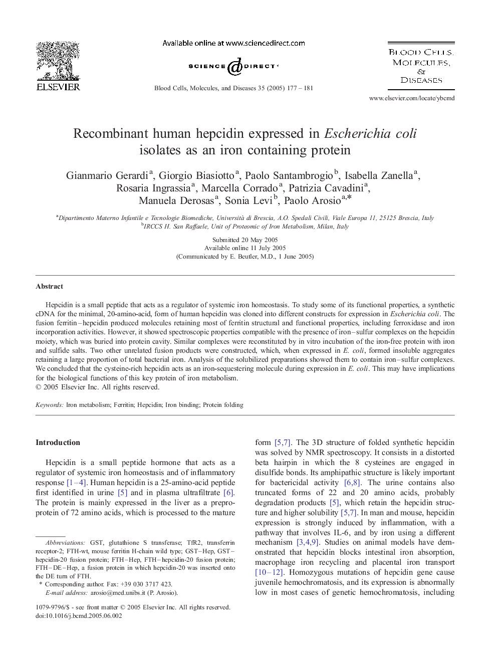 Recombinant human hepcidin expressed in Escherichia coli isolates as an iron containing protein