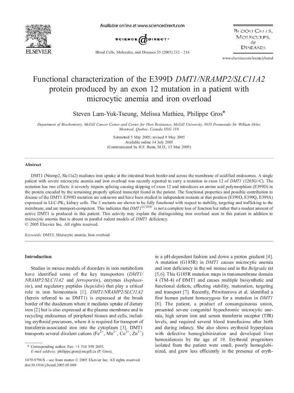 Functional characterization of the E399D DMT1/NRAMP2/SLC11A2 protein produced by an exon 12 mutation in a patient with microcytic anemia and iron overload