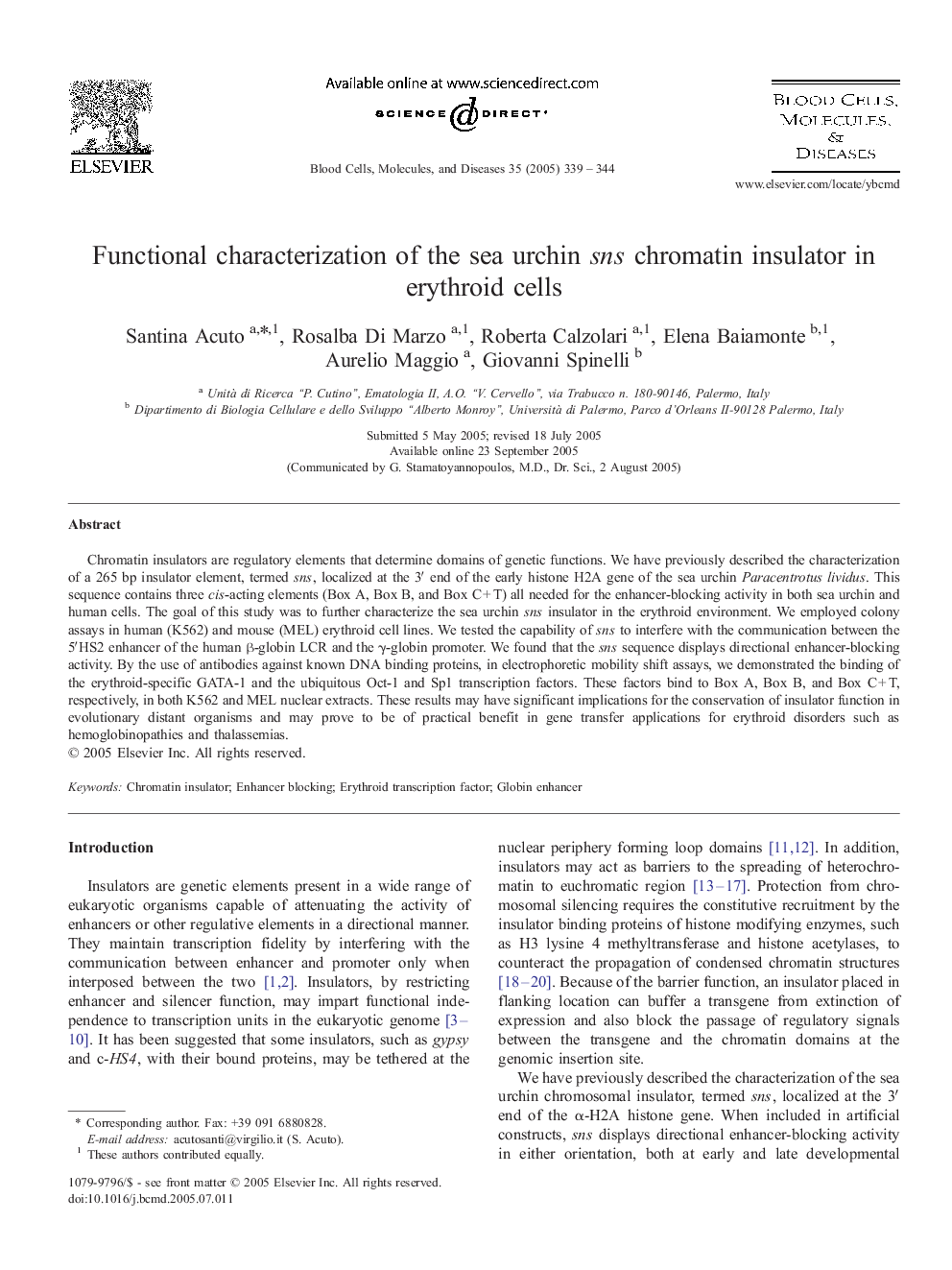 Functional characterization of the sea urchin sns chromatin insulator in erythroid cells