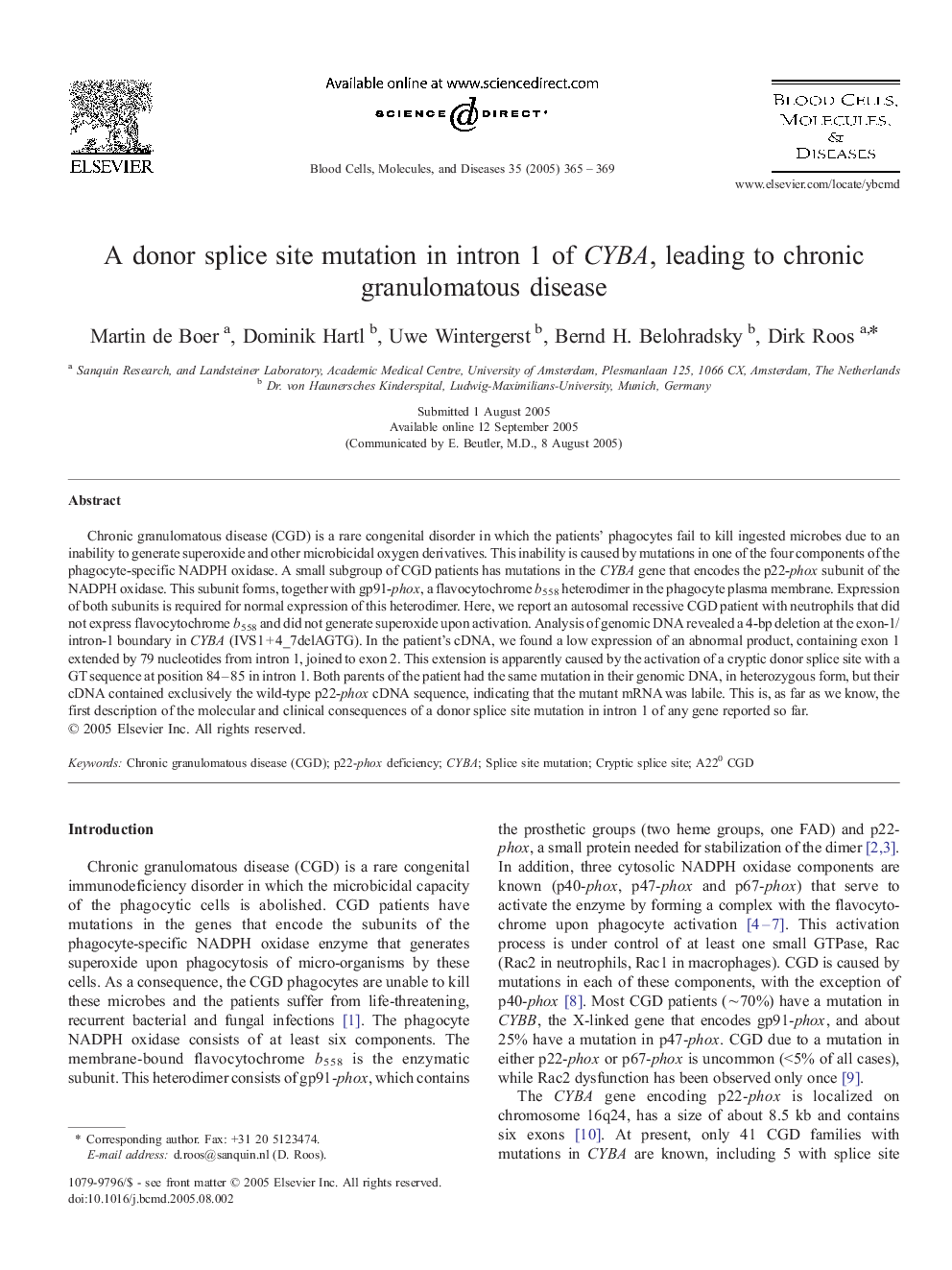 A donor splice site mutation in intron 1 of CYBA, leading to chronic granulomatous disease